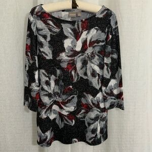 Chico’s 1 M Black Silver Metallic Red Burgundy Floral Quarter Sleeve Sweater